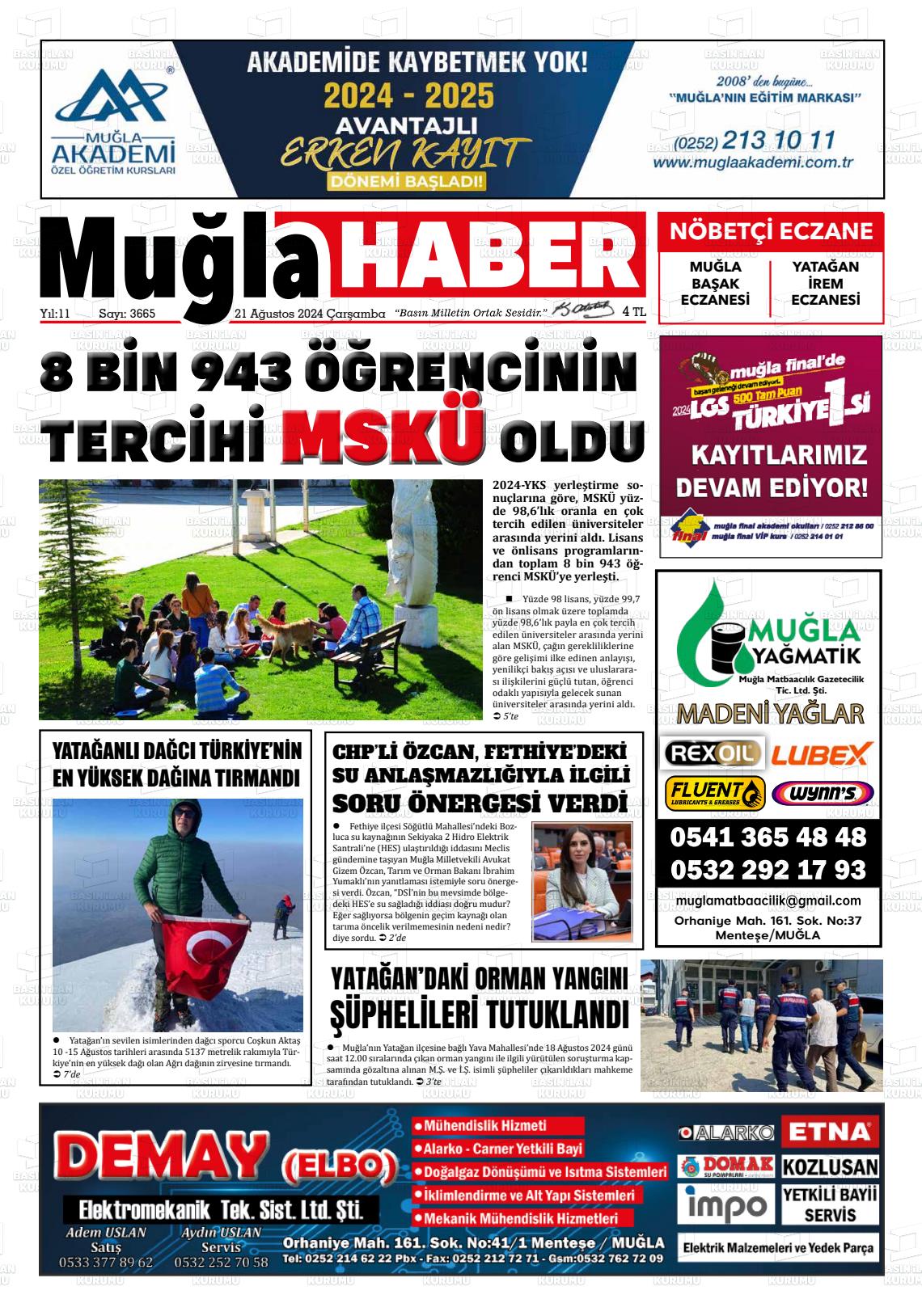 21 Ağustos 2024 Muğla Haber Gazete Manşeti