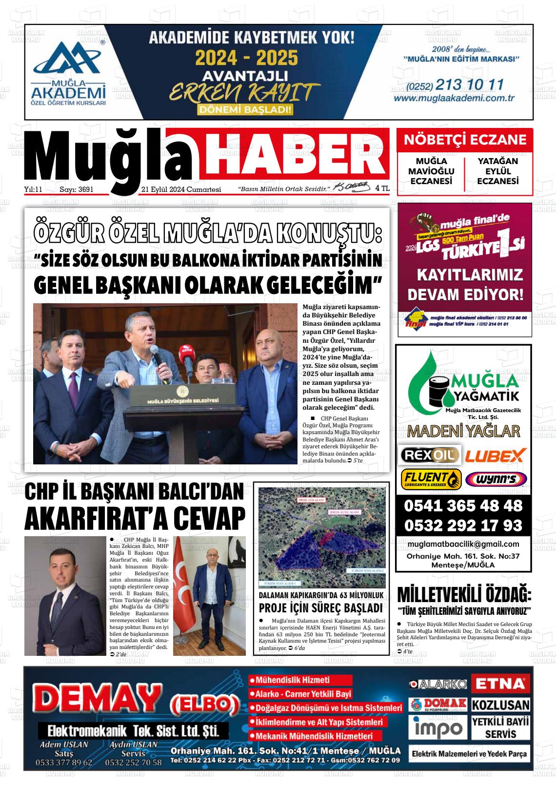 21 Eylül 2024 Muğla Haber Gazete Manşeti