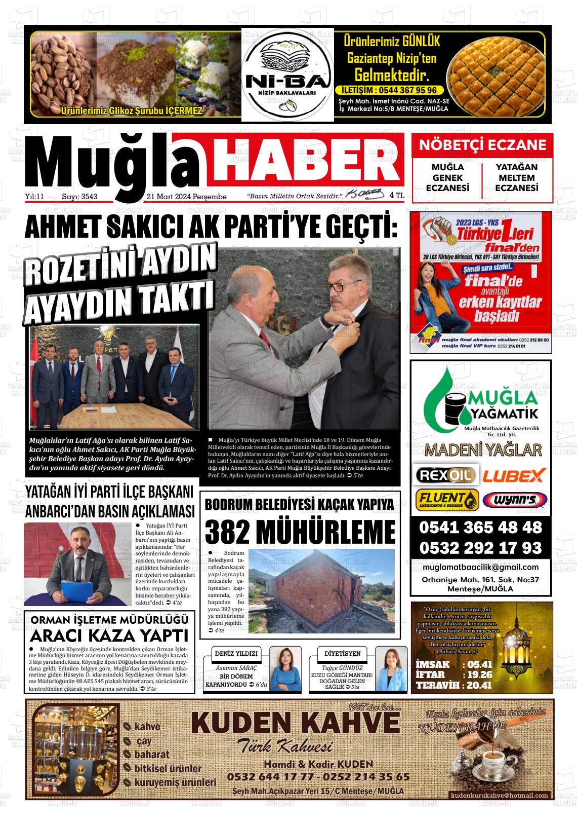 21 Mart 2024 Muğla Haber Gazete Manşeti