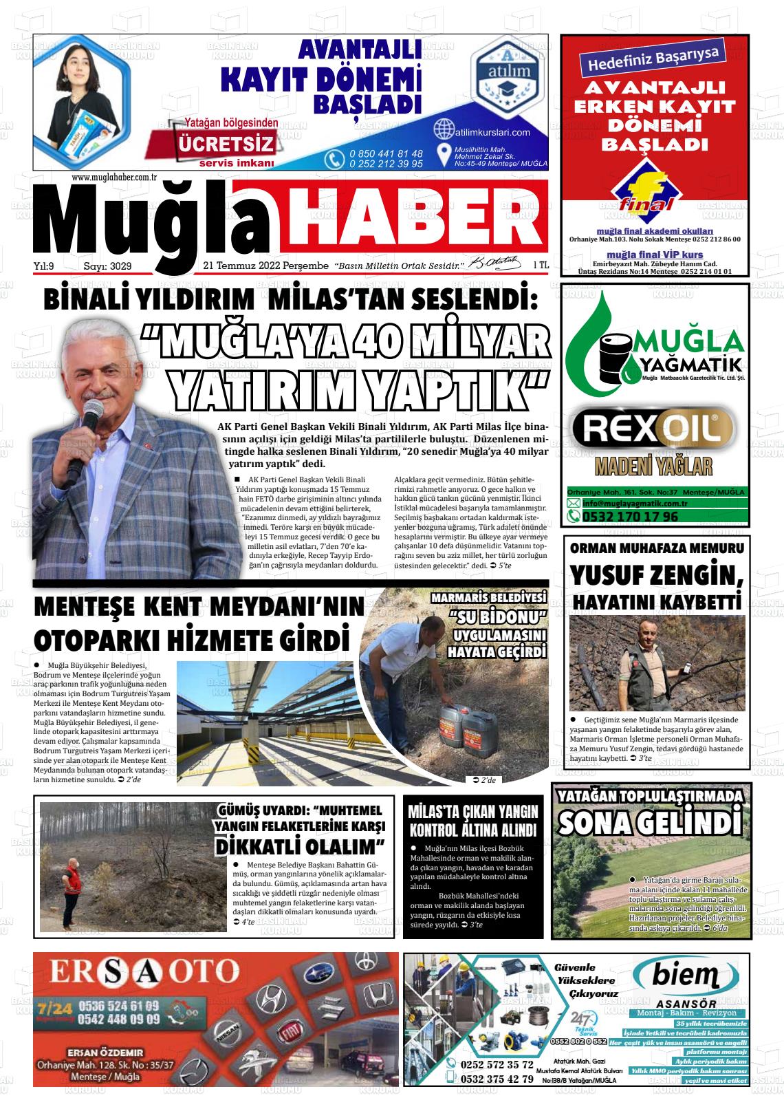 21 Temmuz 2022 Muğla Haber Gazete Manşeti