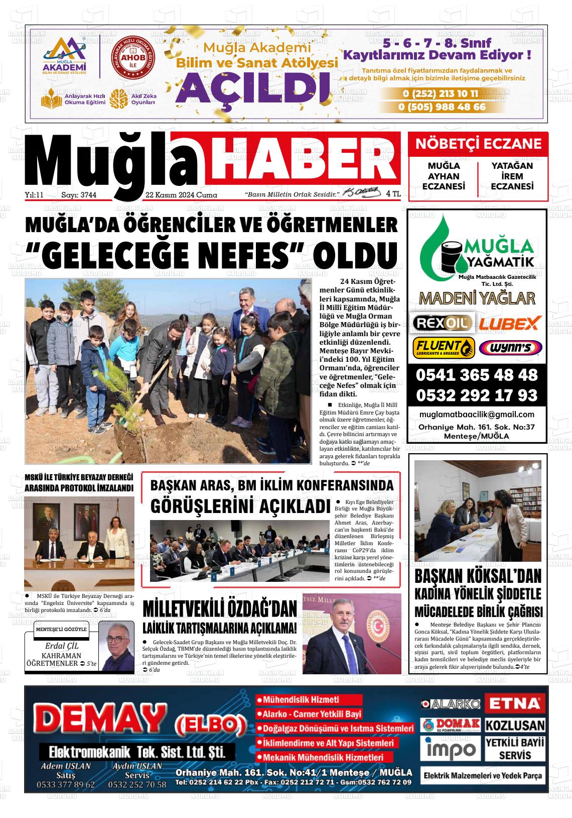 22 Kasım 2024 Muğla Haber Gazete Manşeti