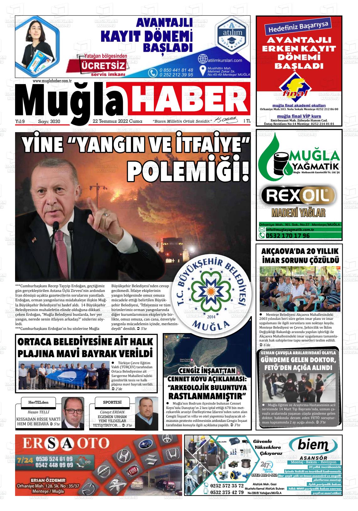 22 Temmuz 2022 Muğla Haber Gazete Manşeti