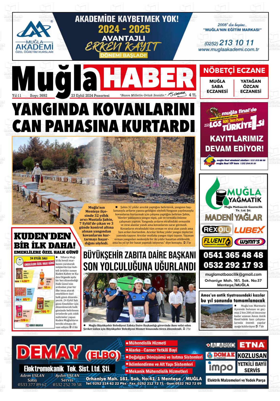 23 Eylül 2024 Muğla Haber Gazete Manşeti