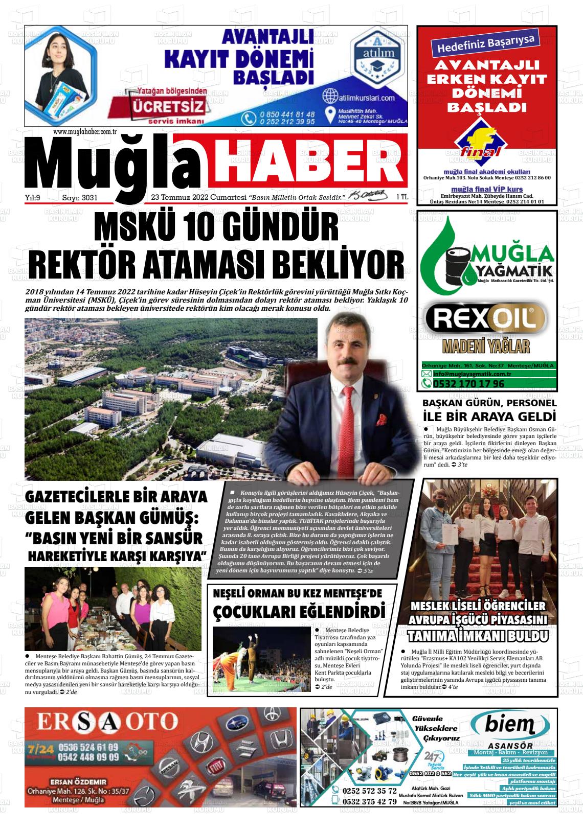 23 Temmuz 2022 Muğla Haber Gazete Manşeti