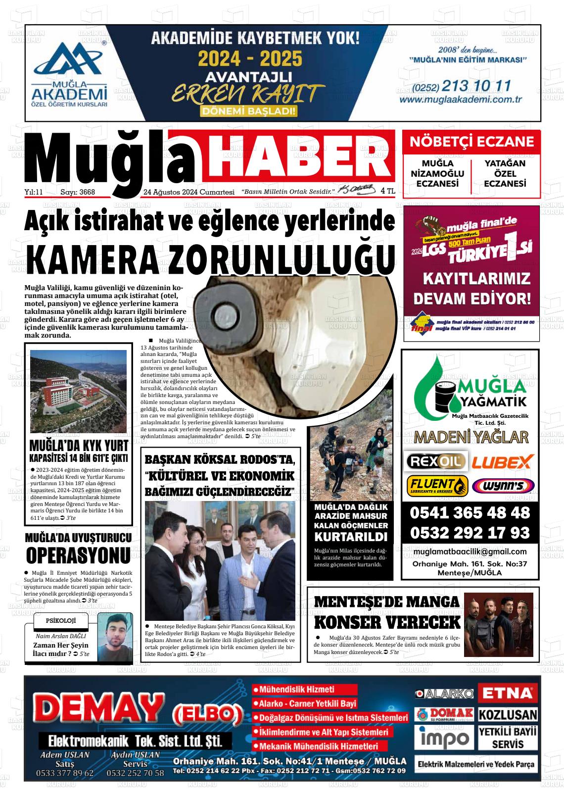 24 Ağustos 2024 Muğla Haber Gazete Manşeti