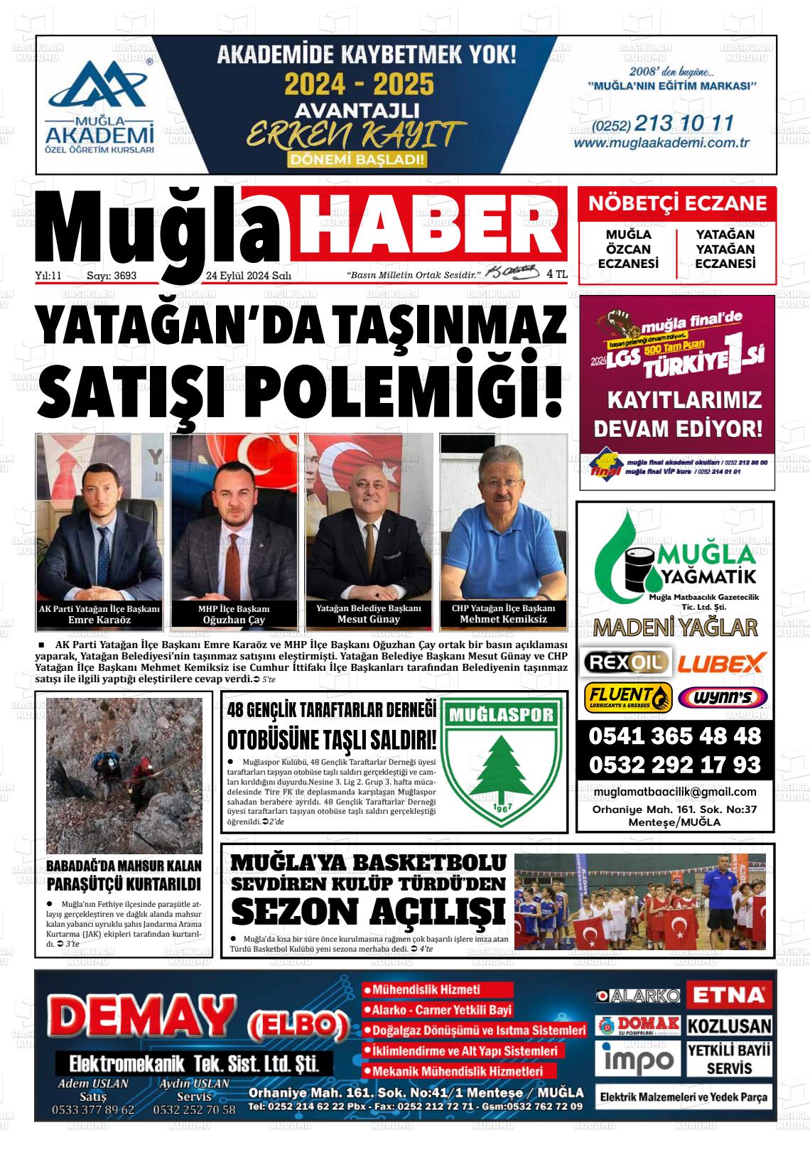 24 Eylül 2024 Muğla Haber Gazete Manşeti