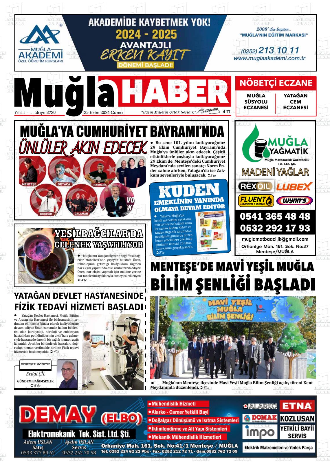 25 Ekim 2024 Muğla Haber Gazete Manşeti