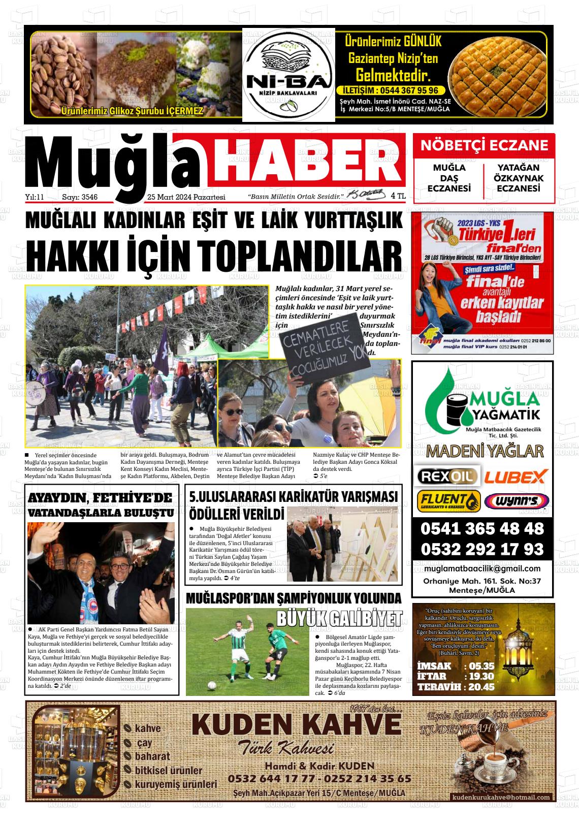 25 Mart 2024 Muğla Haber Gazete Manşeti