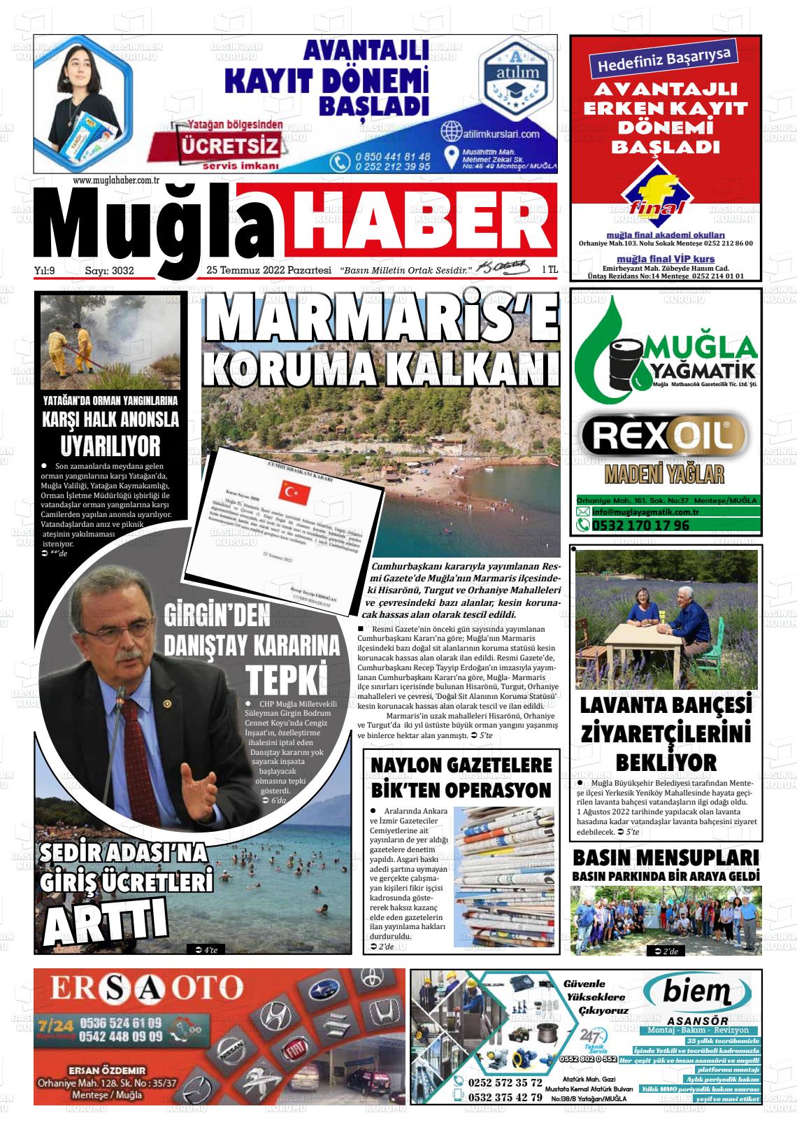 25 Temmuz 2022 Muğla Haber Gazete Manşeti