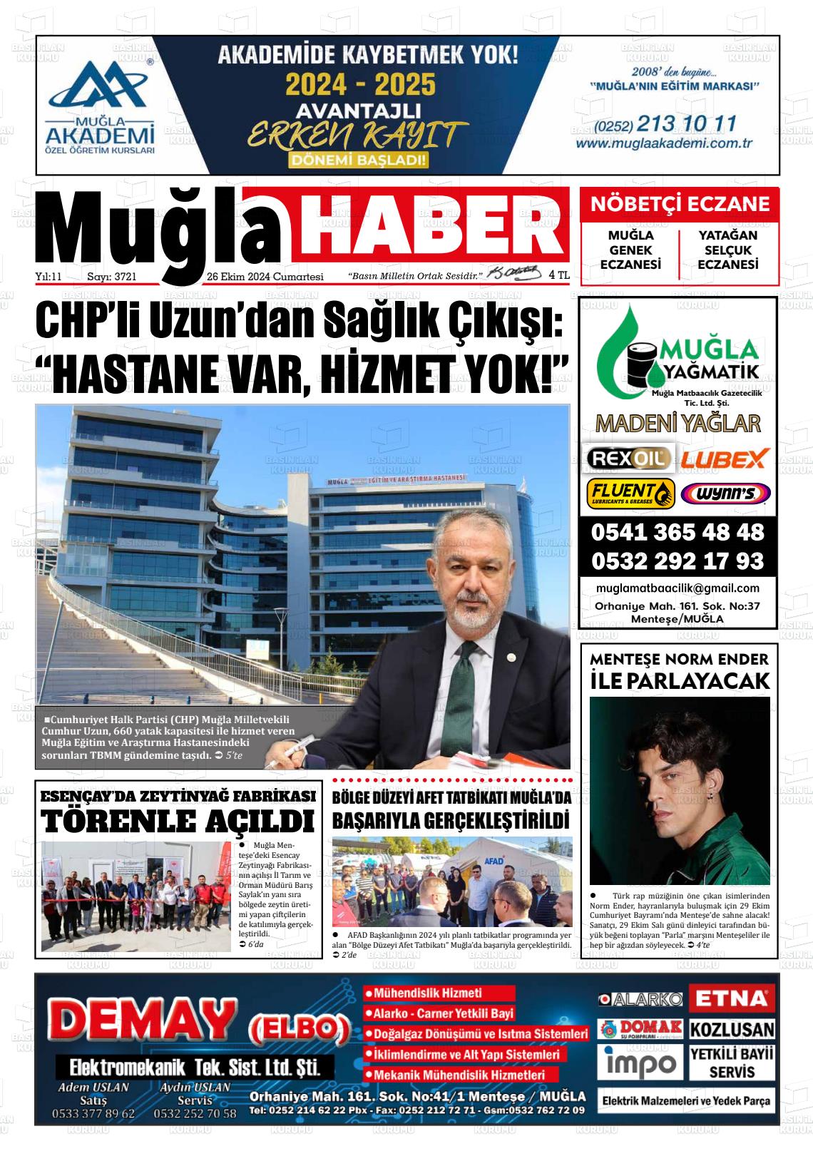 26 Ekim 2024 Muğla Haber Gazete Manşeti