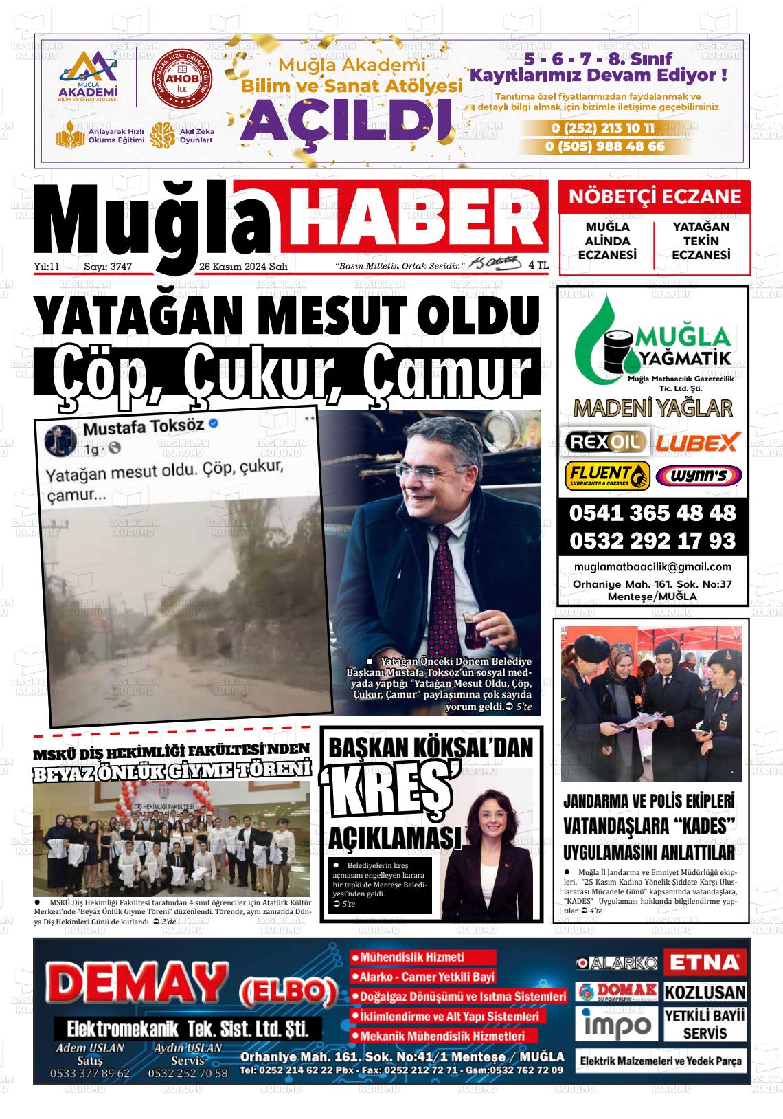 26 Kasım 2024 Muğla Haber Gazete Manşeti