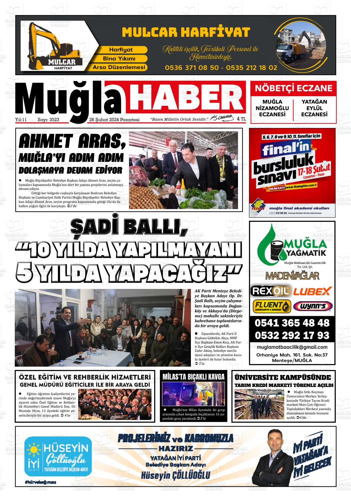 26 Şubat 2024 Muğla Haber Gazete Manşeti