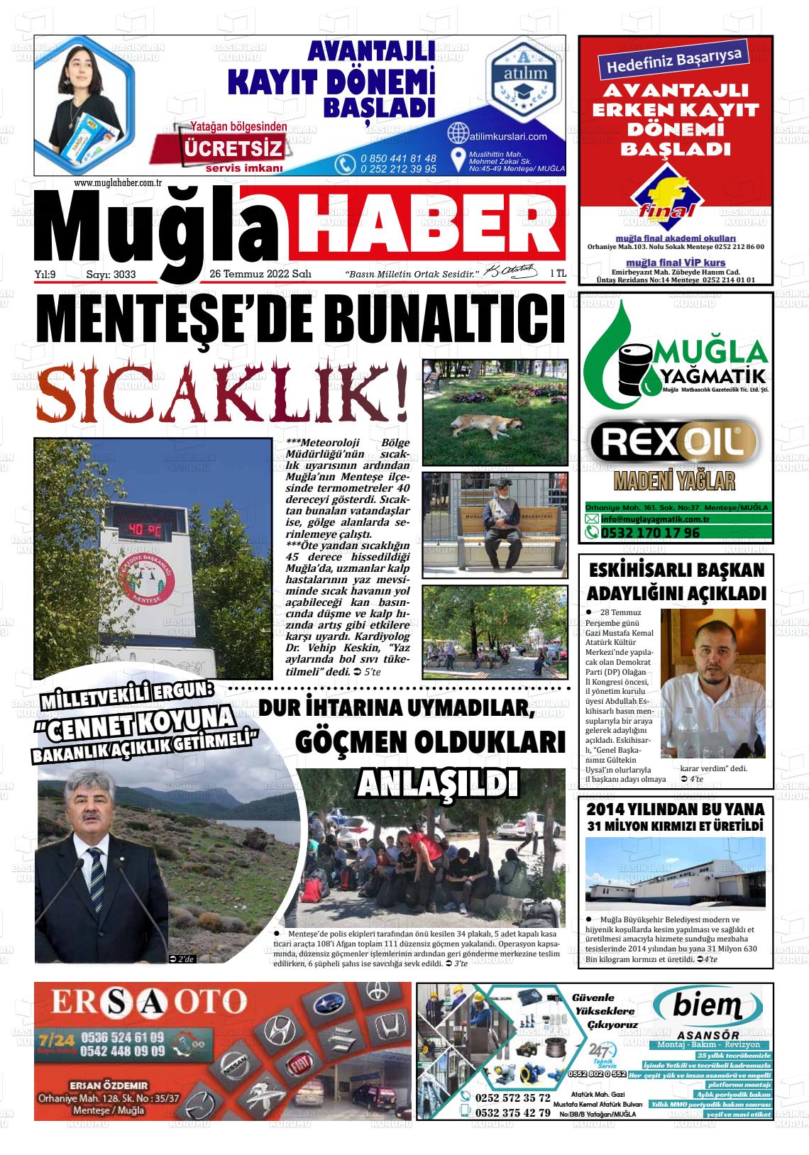 26 Temmuz 2022 Muğla Haber Gazete Manşeti