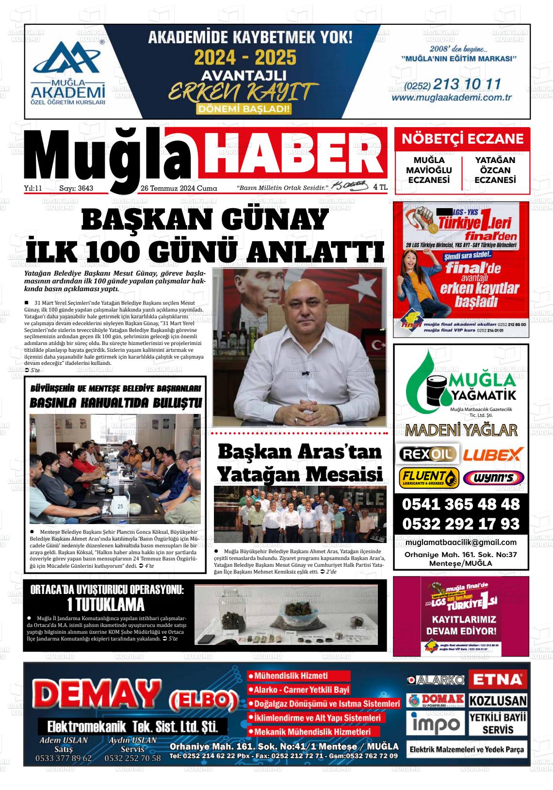 26 Temmuz 2024 Muğla Haber Gazete Manşeti