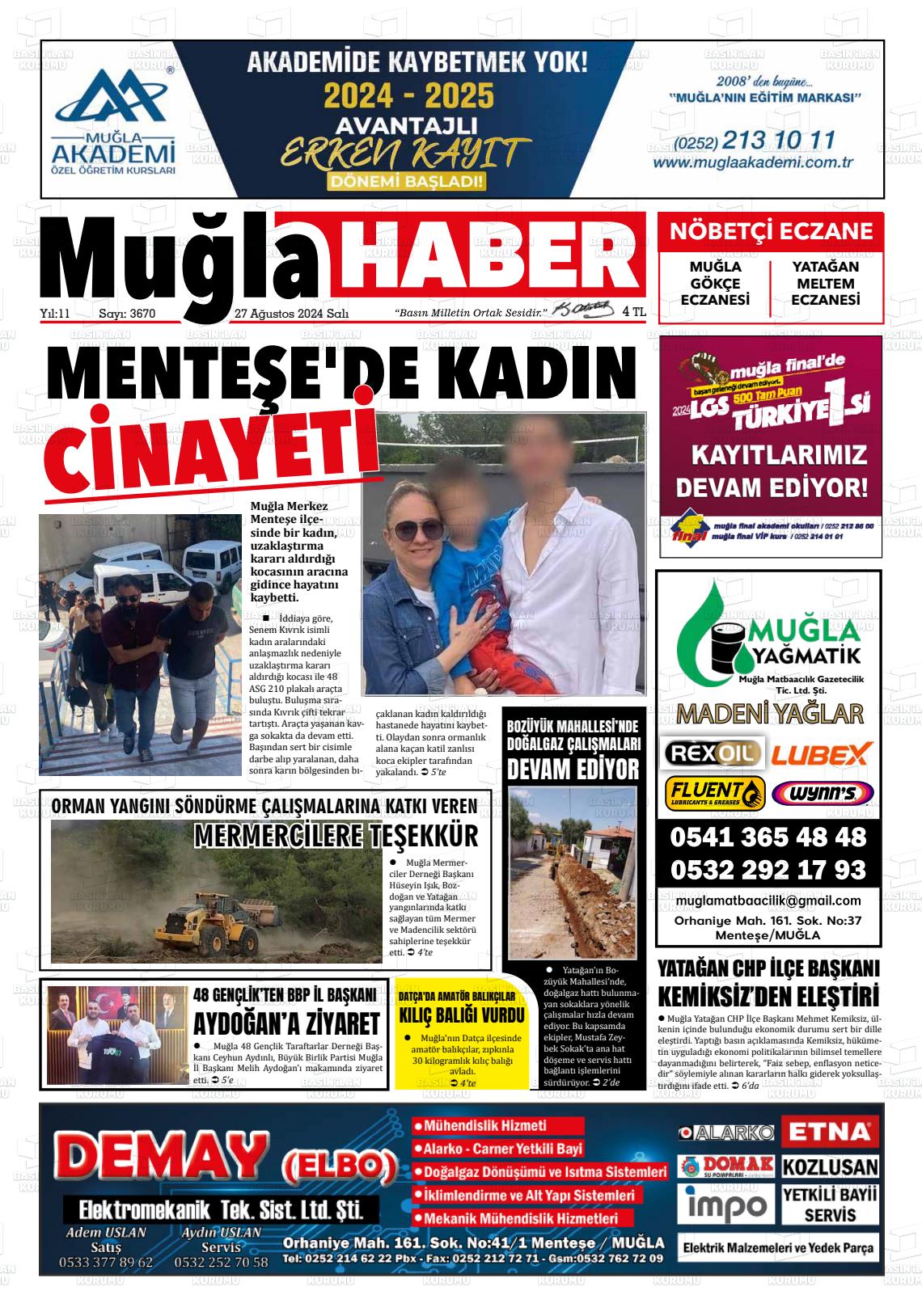 27 Ağustos 2024 Muğla Haber Gazete Manşeti