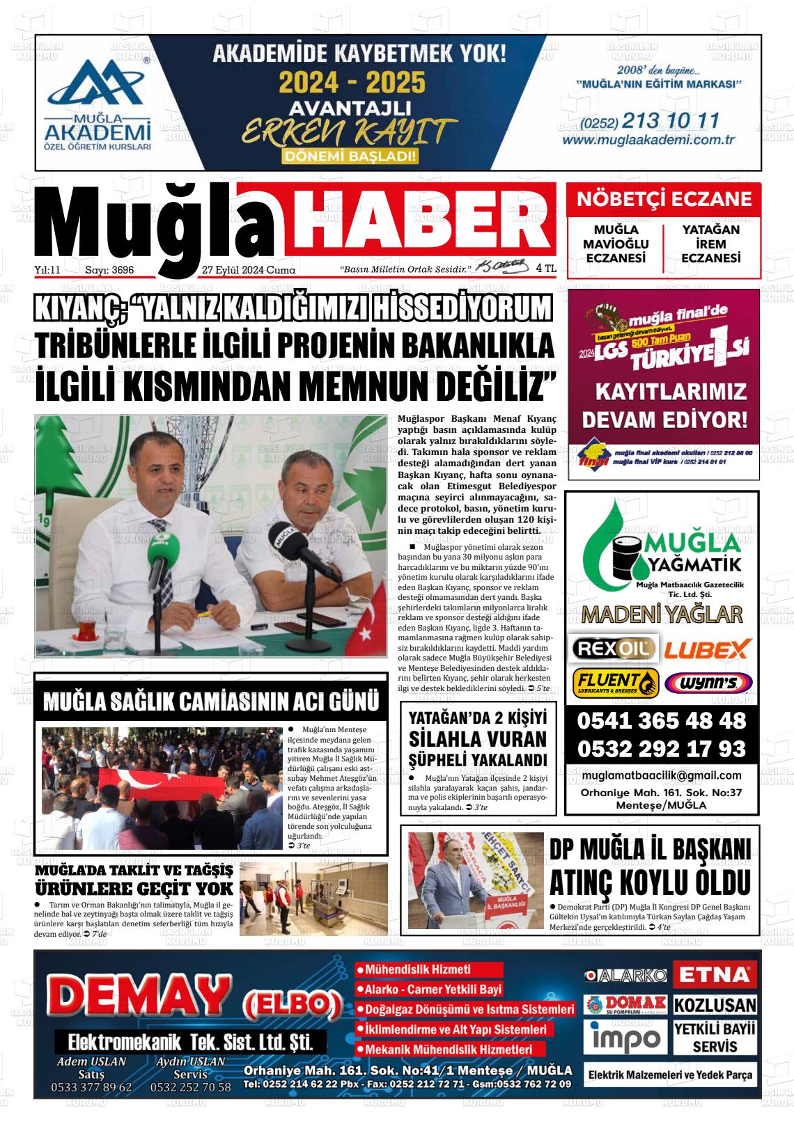 27 Eylül 2024 Muğla Haber Gazete Manşeti