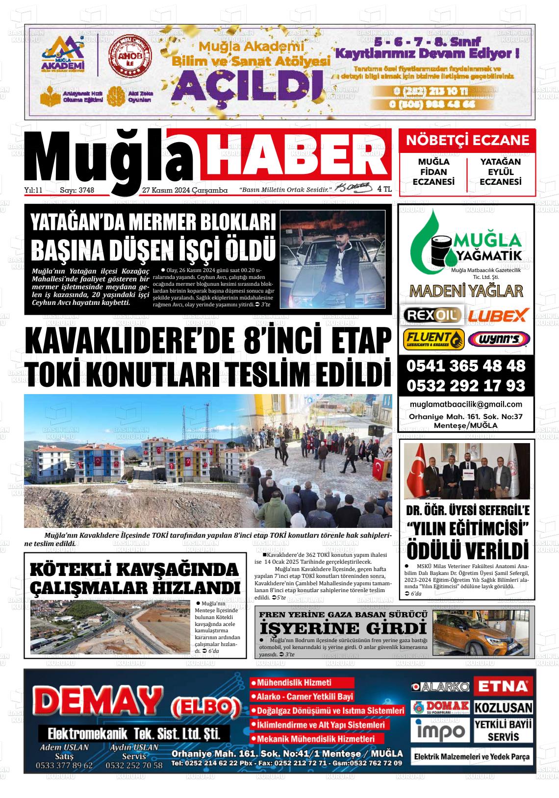 27 Kasım 2024 Muğla Haber Gazete Manşeti