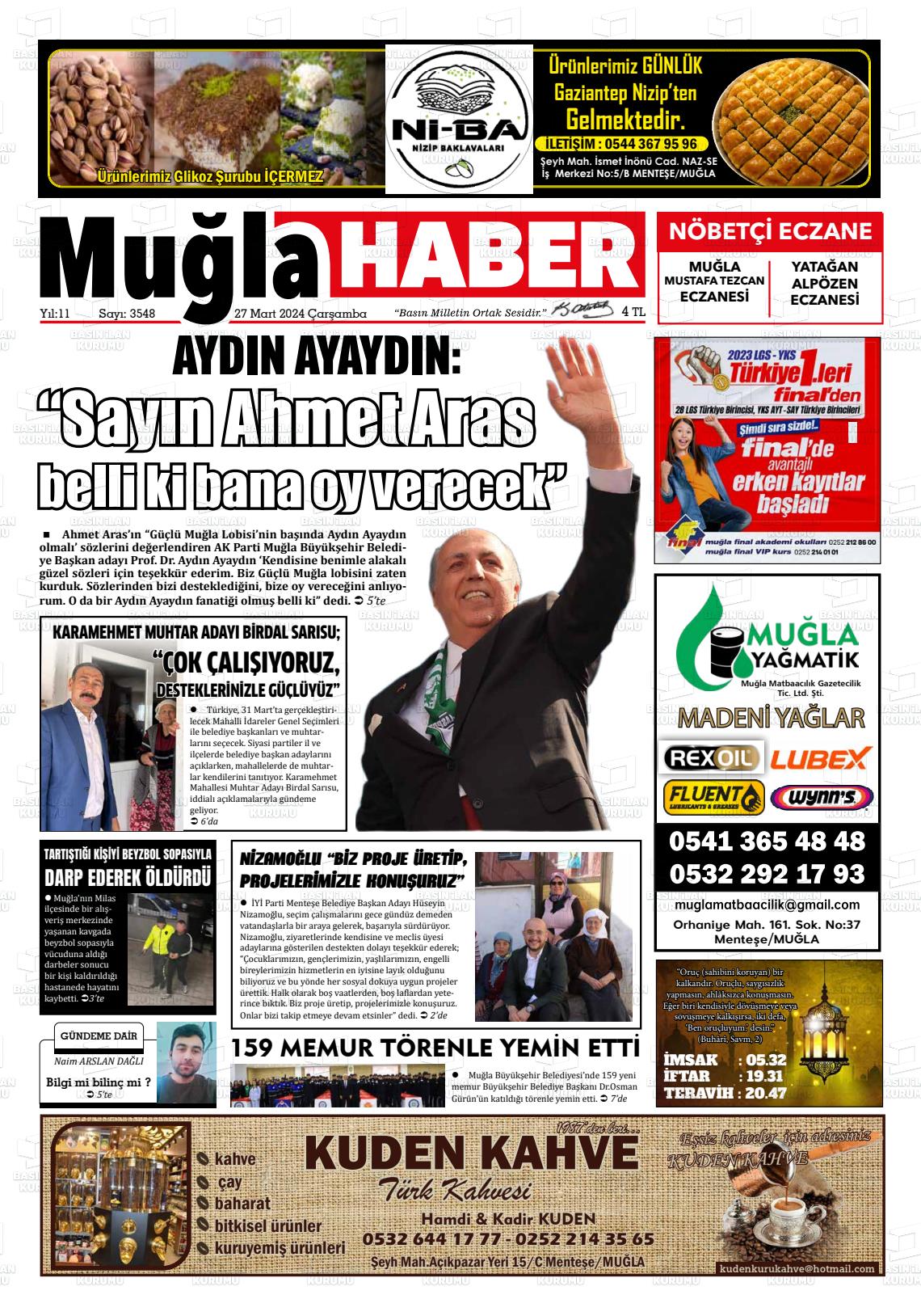 27 Mart 2024 Muğla Haber Gazete Manşeti