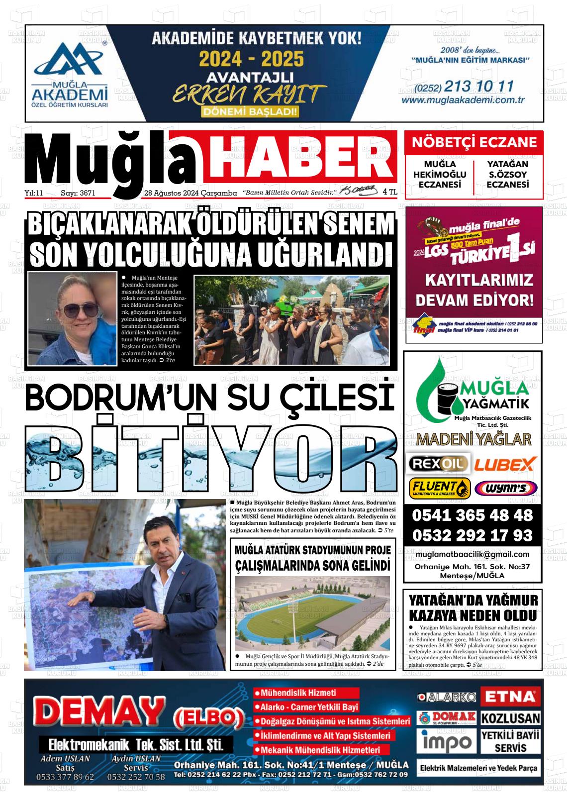 28 Ağustos 2024 Muğla Haber Gazete Manşeti