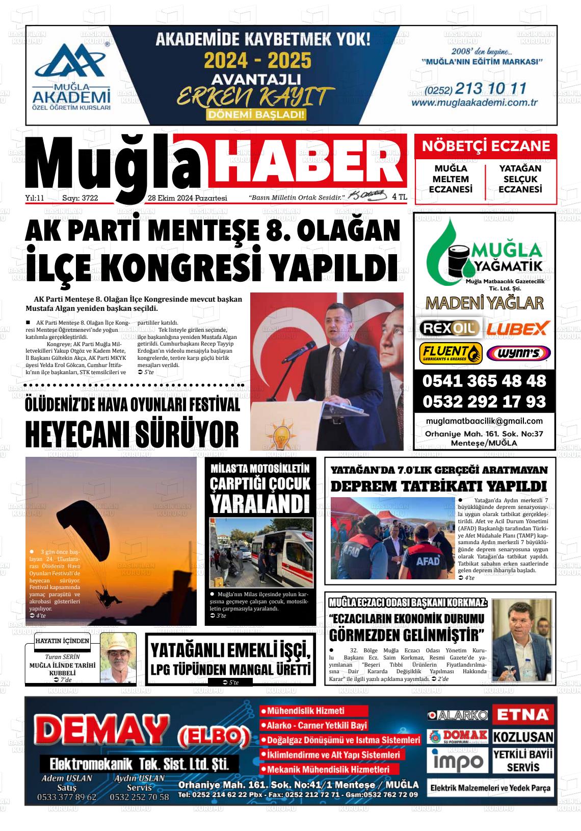 28 Ekim 2024 Muğla Haber Gazete Manşeti