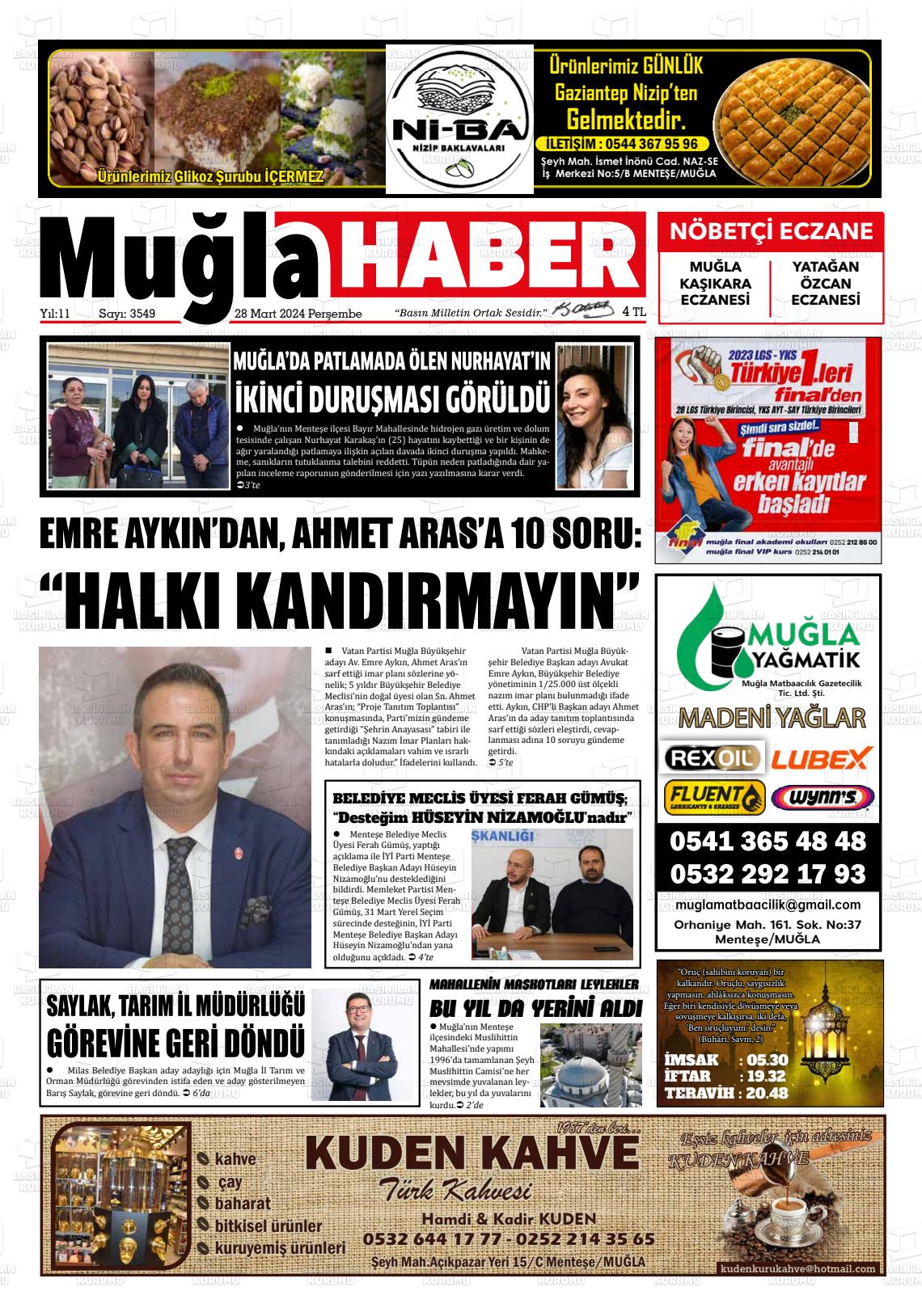 28 Mart 2024 Muğla Haber Gazete Manşeti