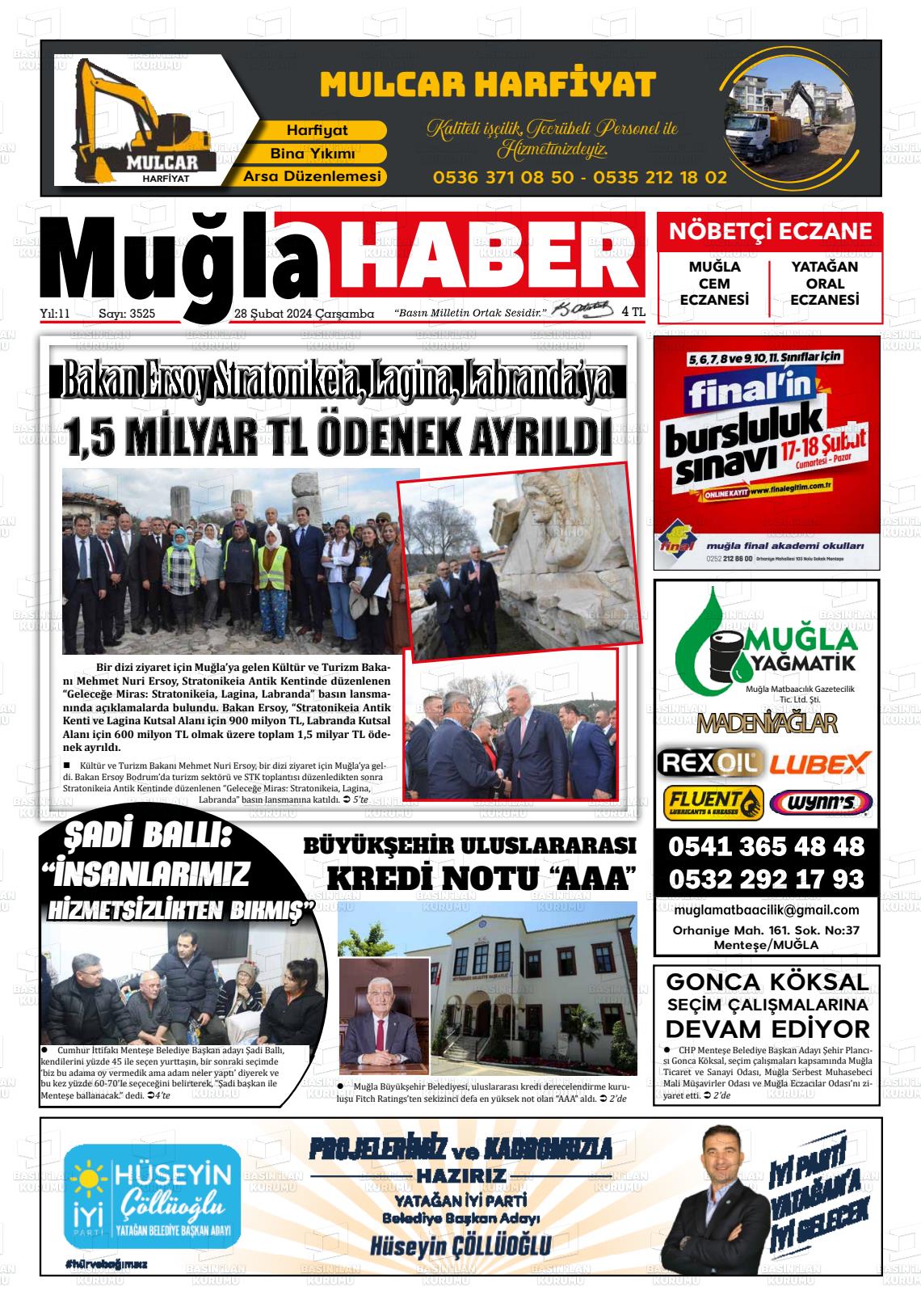 28 Şubat 2024 Muğla Haber Gazete Manşeti