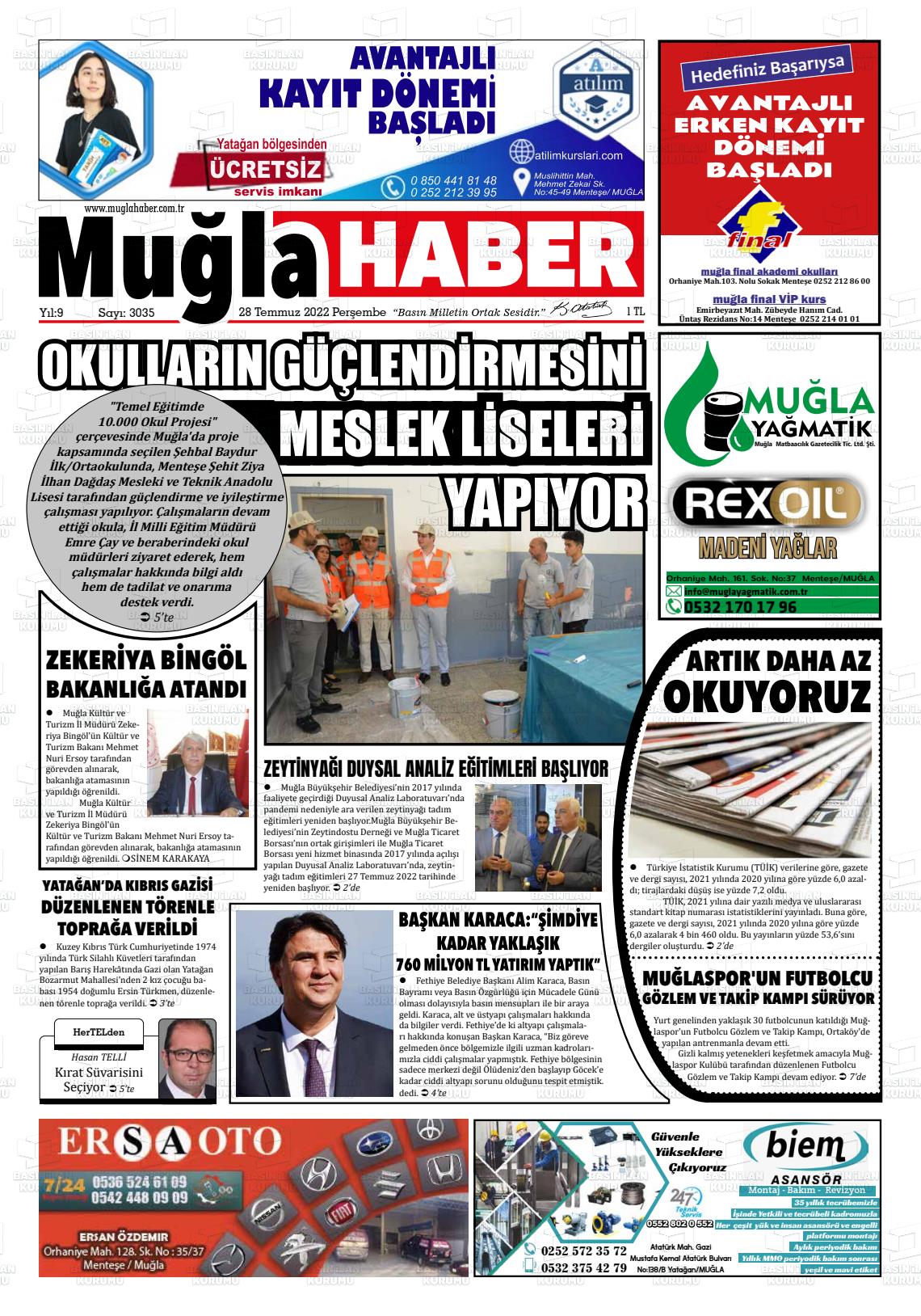 28 Temmuz 2022 Muğla Haber Gazete Manşeti