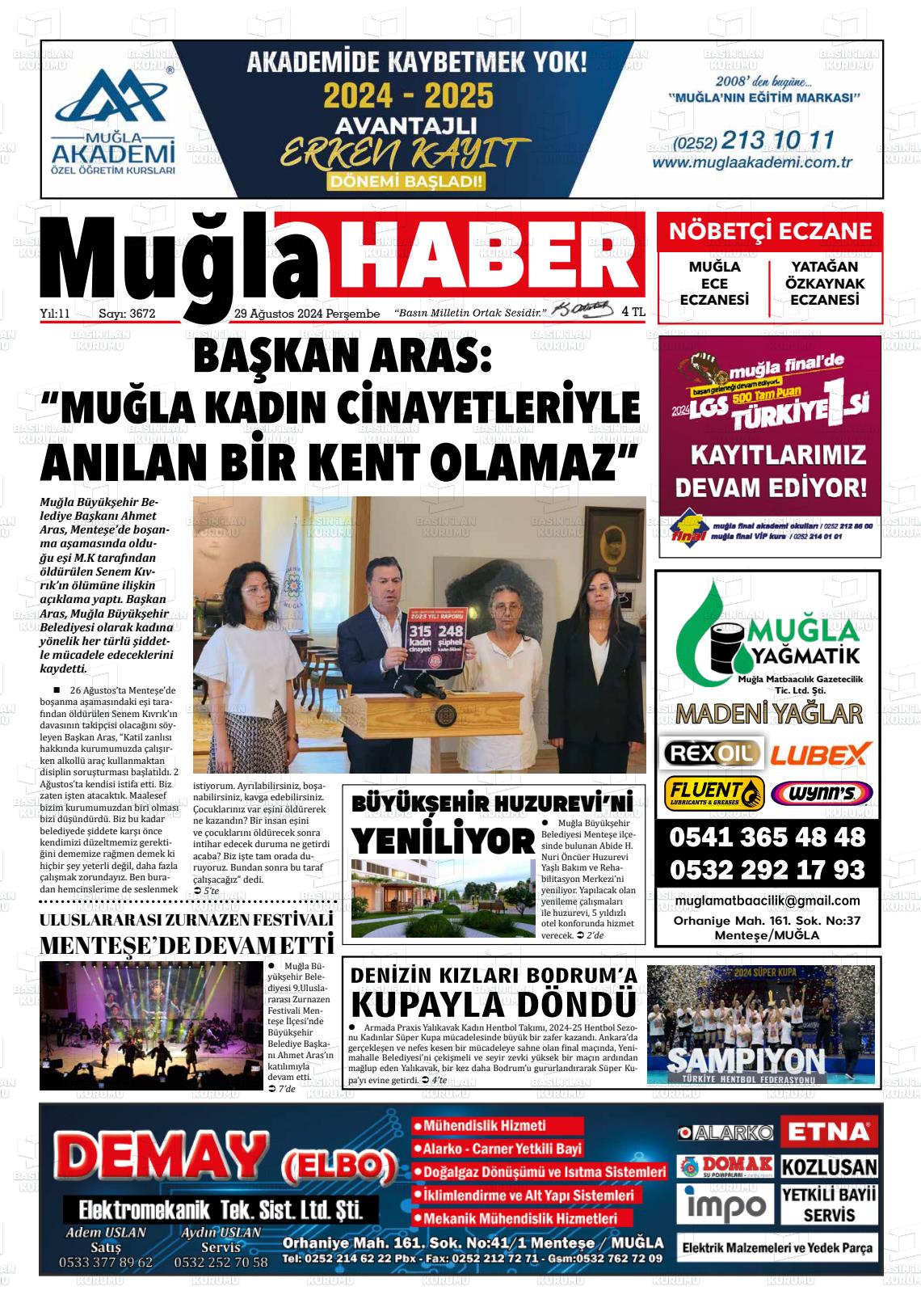 29 Ağustos 2024 Muğla Haber Gazete Manşeti