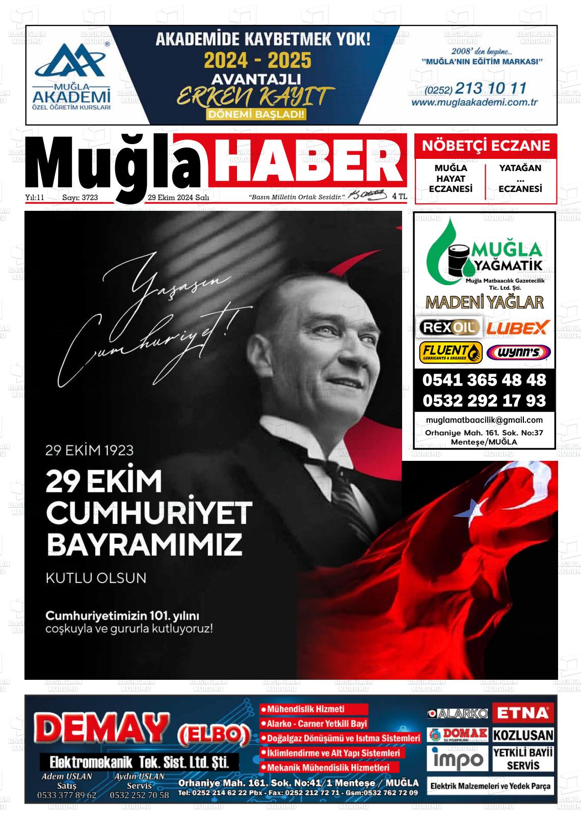 29 Ekim 2024 Muğla Haber Gazete Manşeti