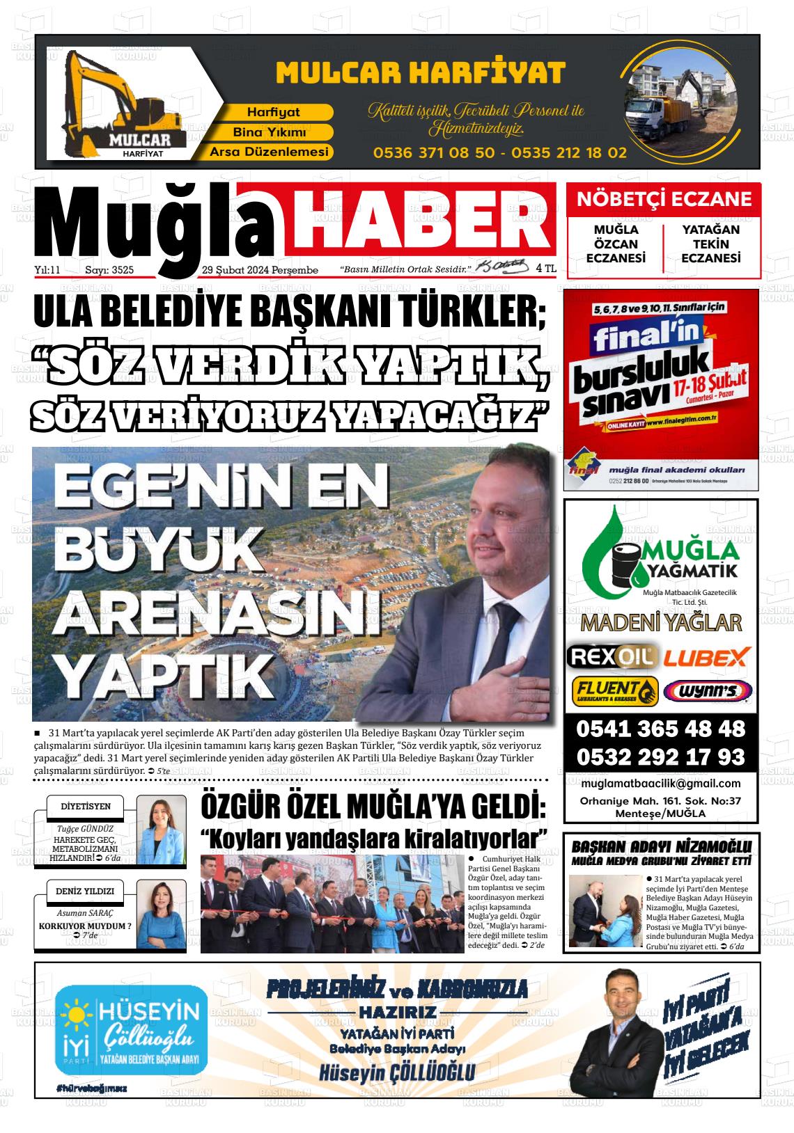 29 Şubat 2024 Muğla Haber Gazete Manşeti