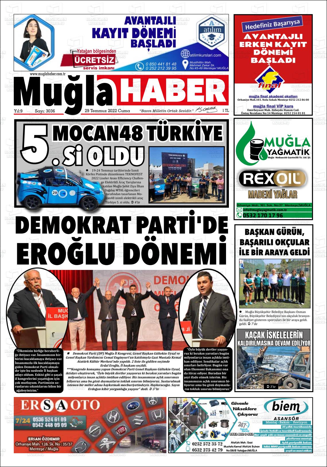 29 Temmuz 2022 Muğla Haber Gazete Manşeti