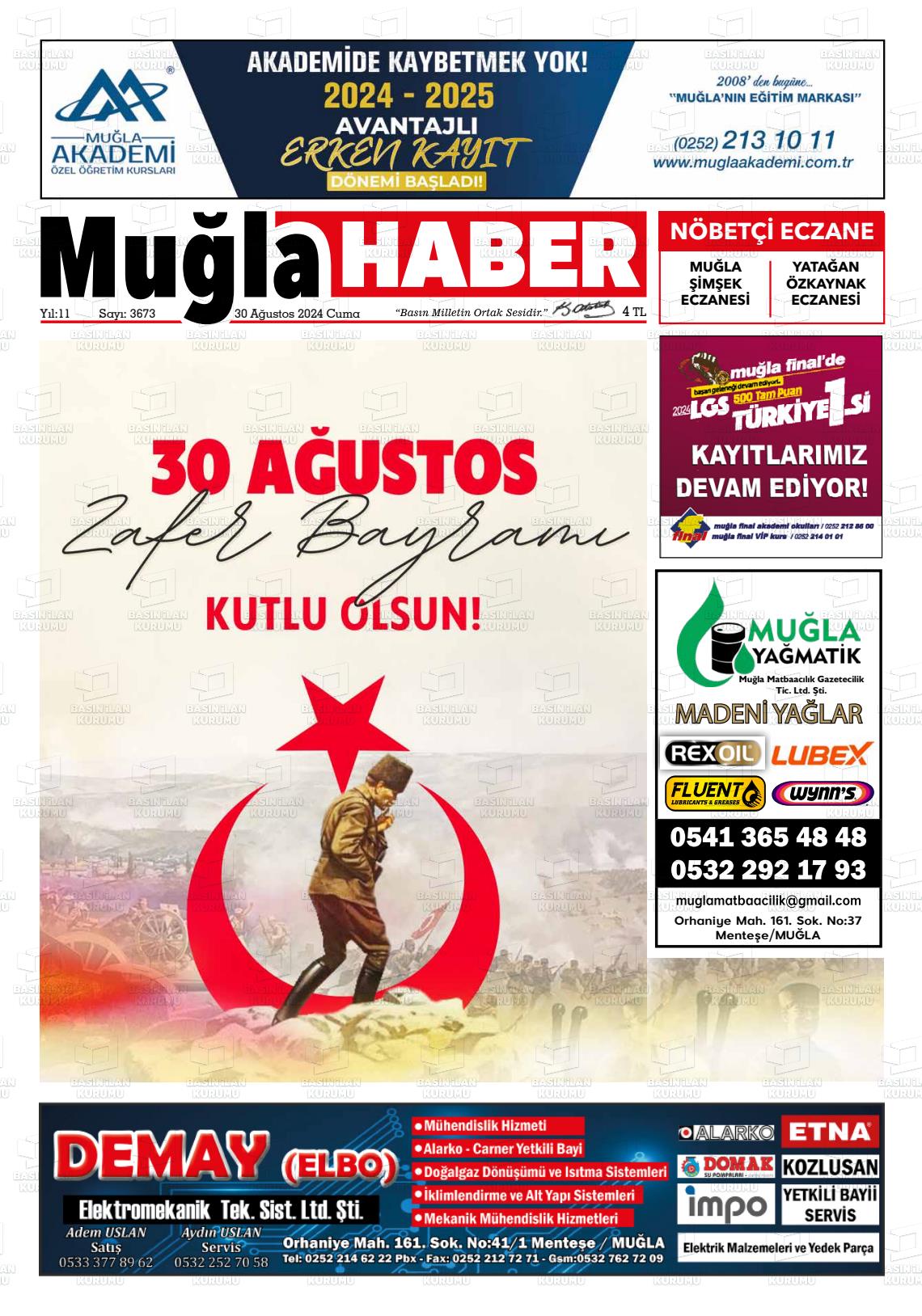 30 Ağustos 2024 Muğla Haber Gazete Manşeti