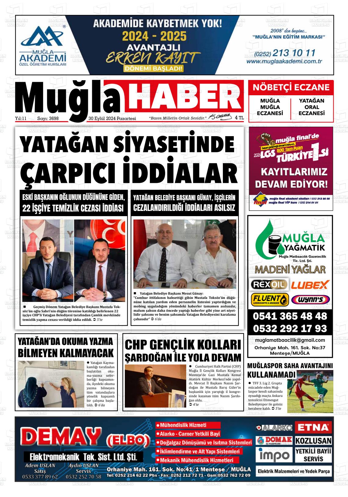 30 Eylül 2024 Muğla Haber Gazete Manşeti