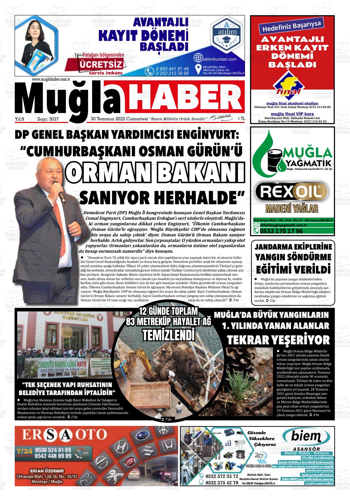 30 Temmuz 2022 Muğla Haber Gazete Manşeti