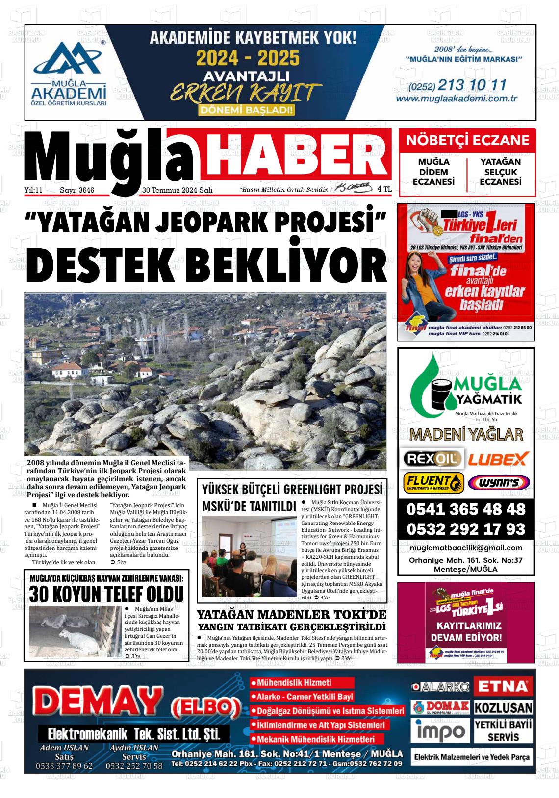 30 Temmuz 2024 Muğla Haber Gazete Manşeti