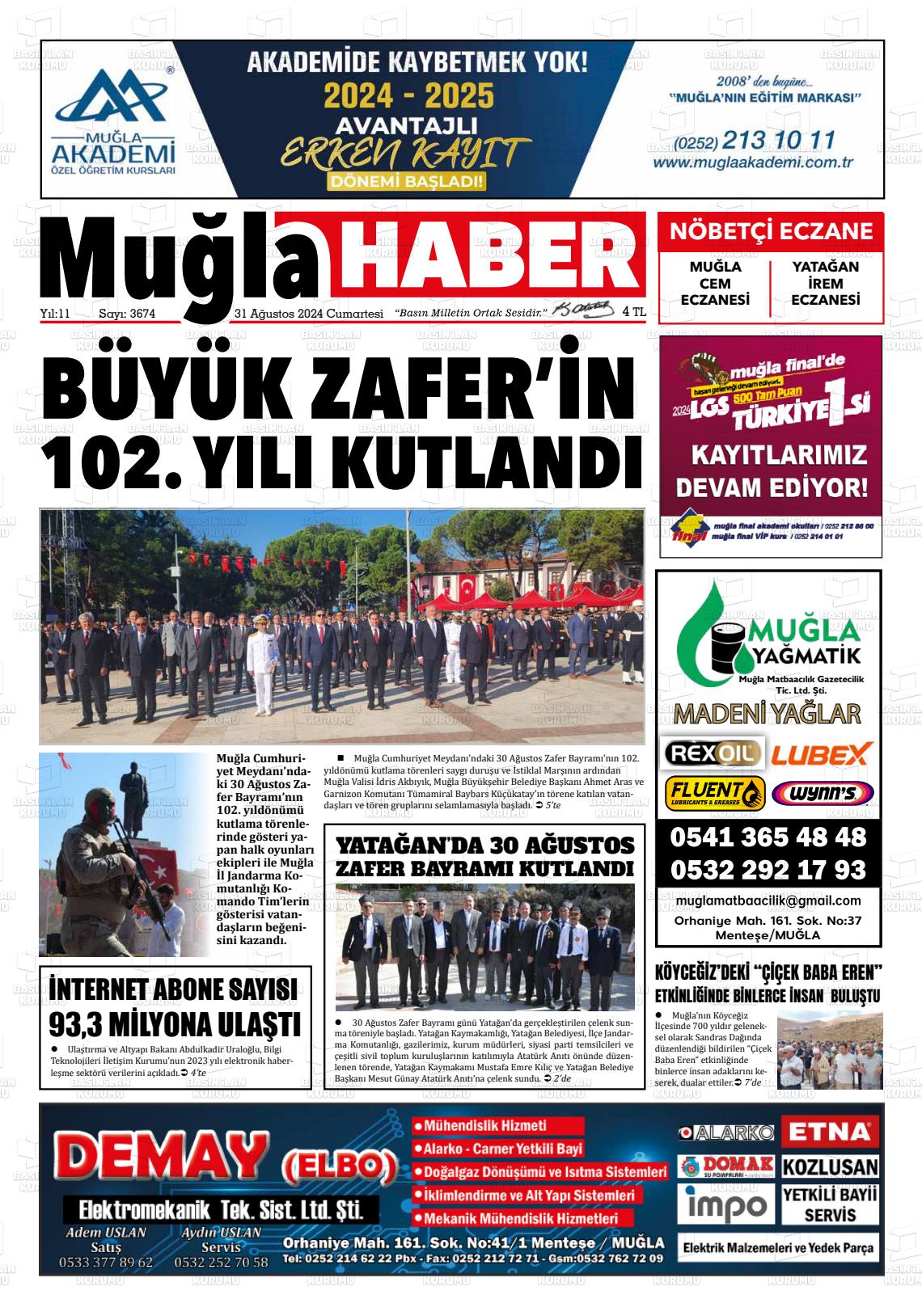 31 Ağustos 2024 Muğla Haber Gazete Manşeti