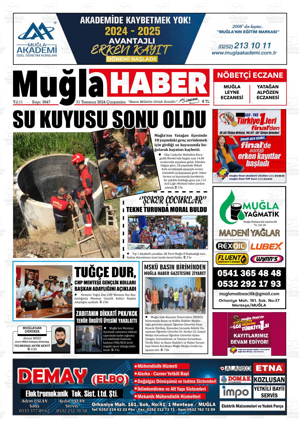 31 Temmuz 2024 Muğla Haber Gazete Manşeti