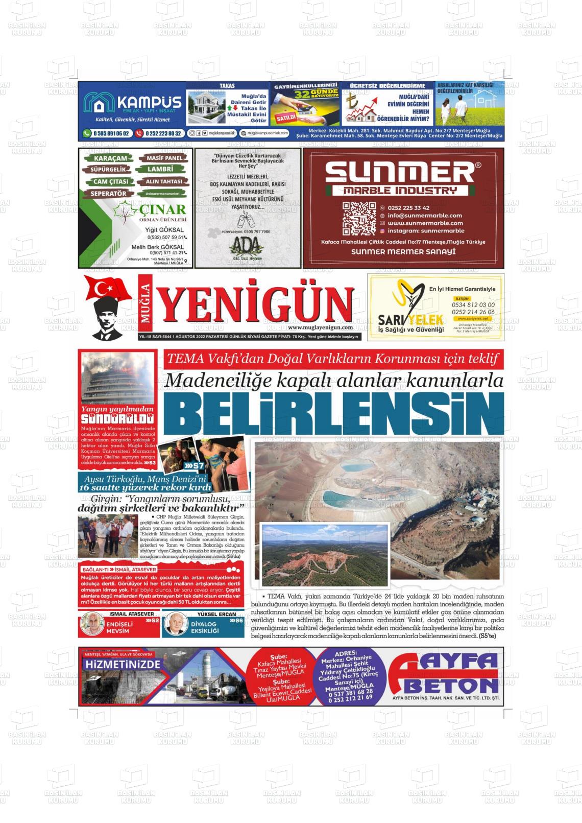 01 Ağustos 2022 Muğla Yenigün Gazete Manşeti