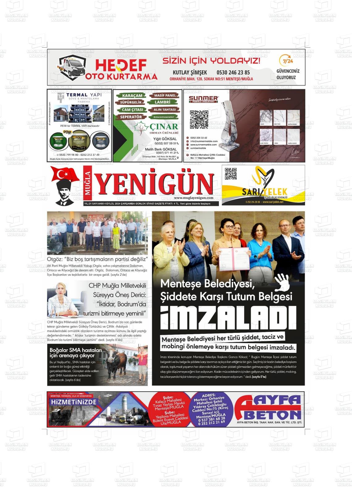 04 Eylül 2024 Muğla Yenigün Gazete Manşeti