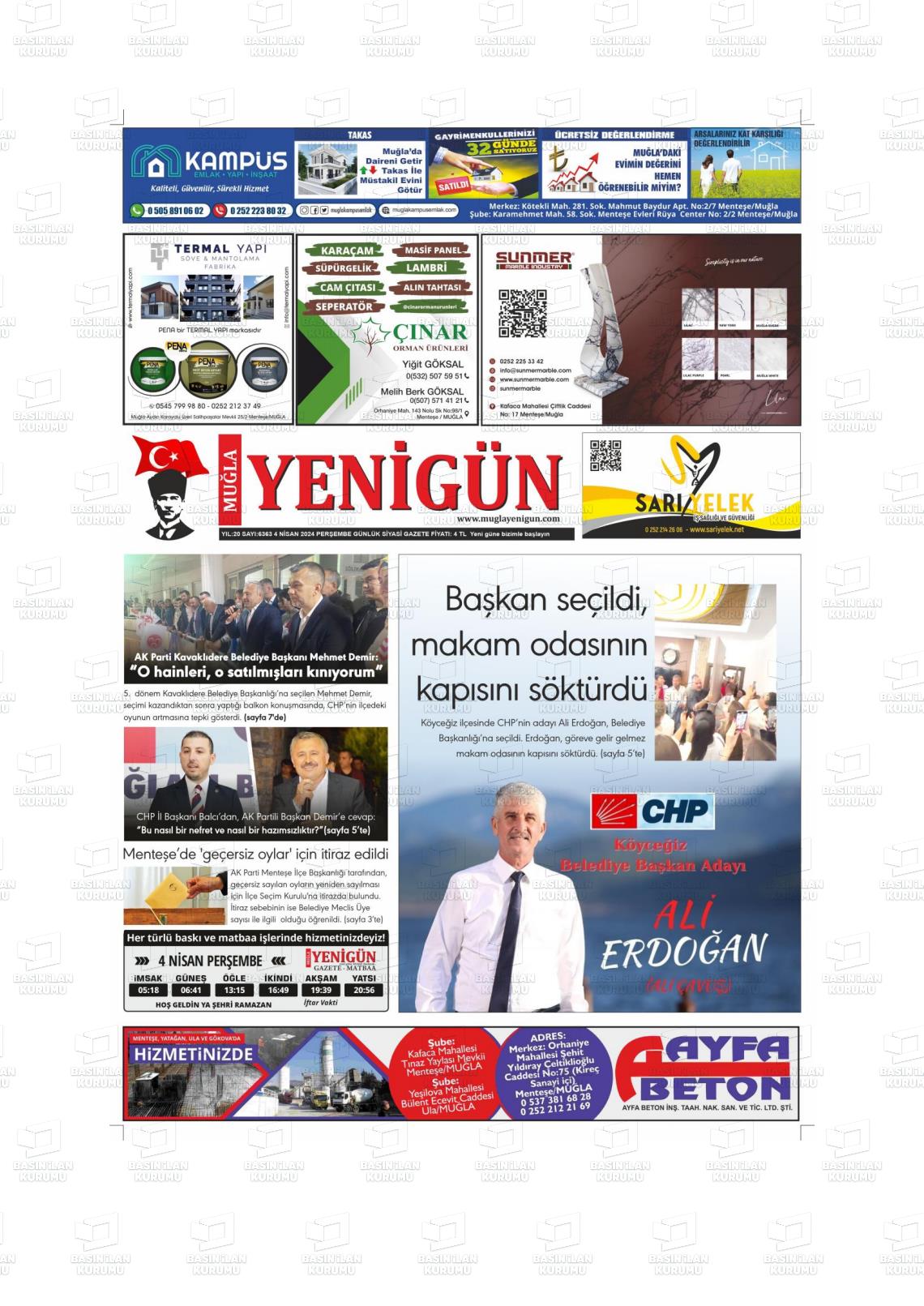 04 Nisan 2024 Muğla Yenigün Gazete Manşeti