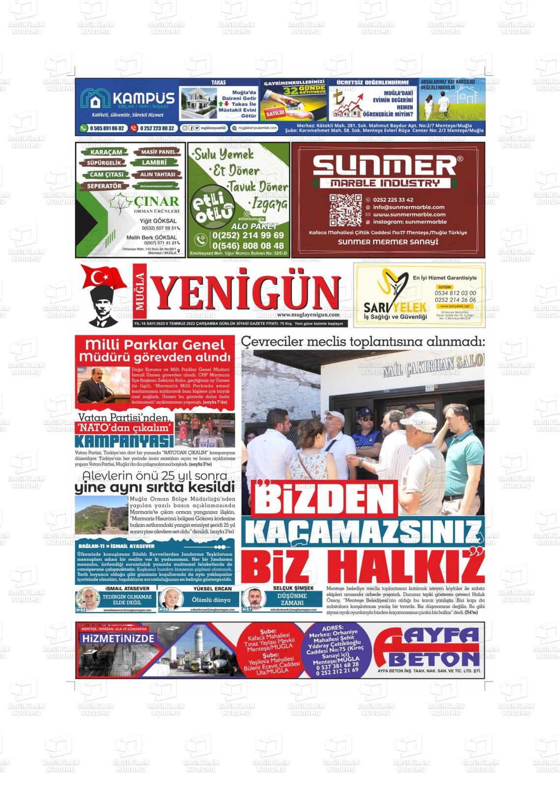 06 Temmuz 2022 Muğla Yenigün Gazete Manşeti