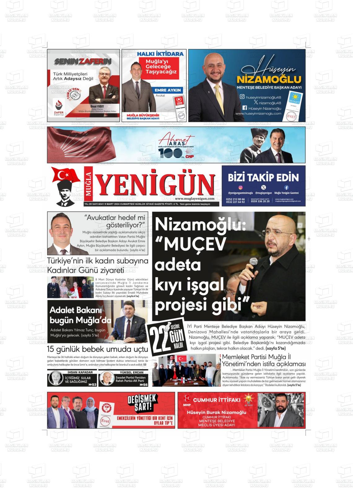 09 Mart 2024 Muğla Yenigün Gazete Manşeti