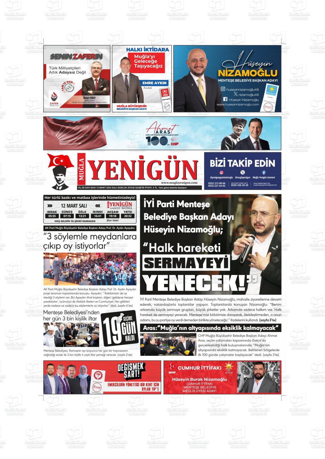 12 Mart 2024 Muğla Yenigün Gazete Manşeti