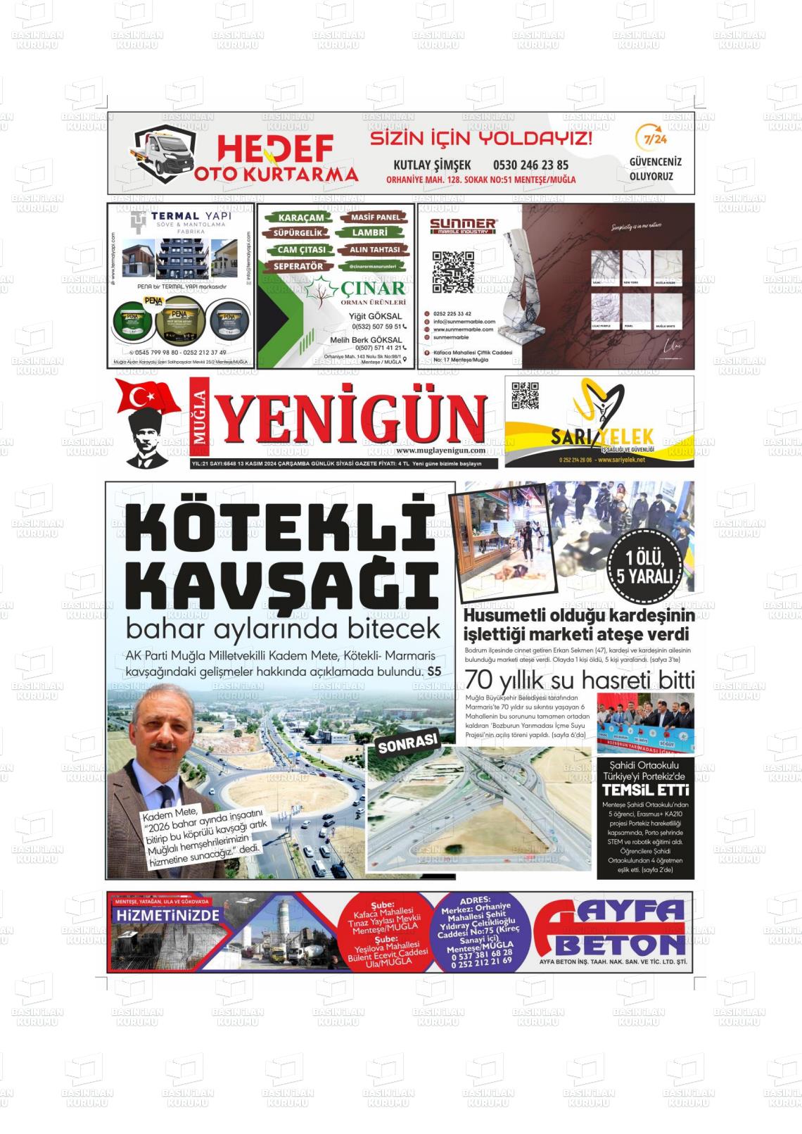 13 Kasım 2024 Muğla Yenigün Gazete Manşeti