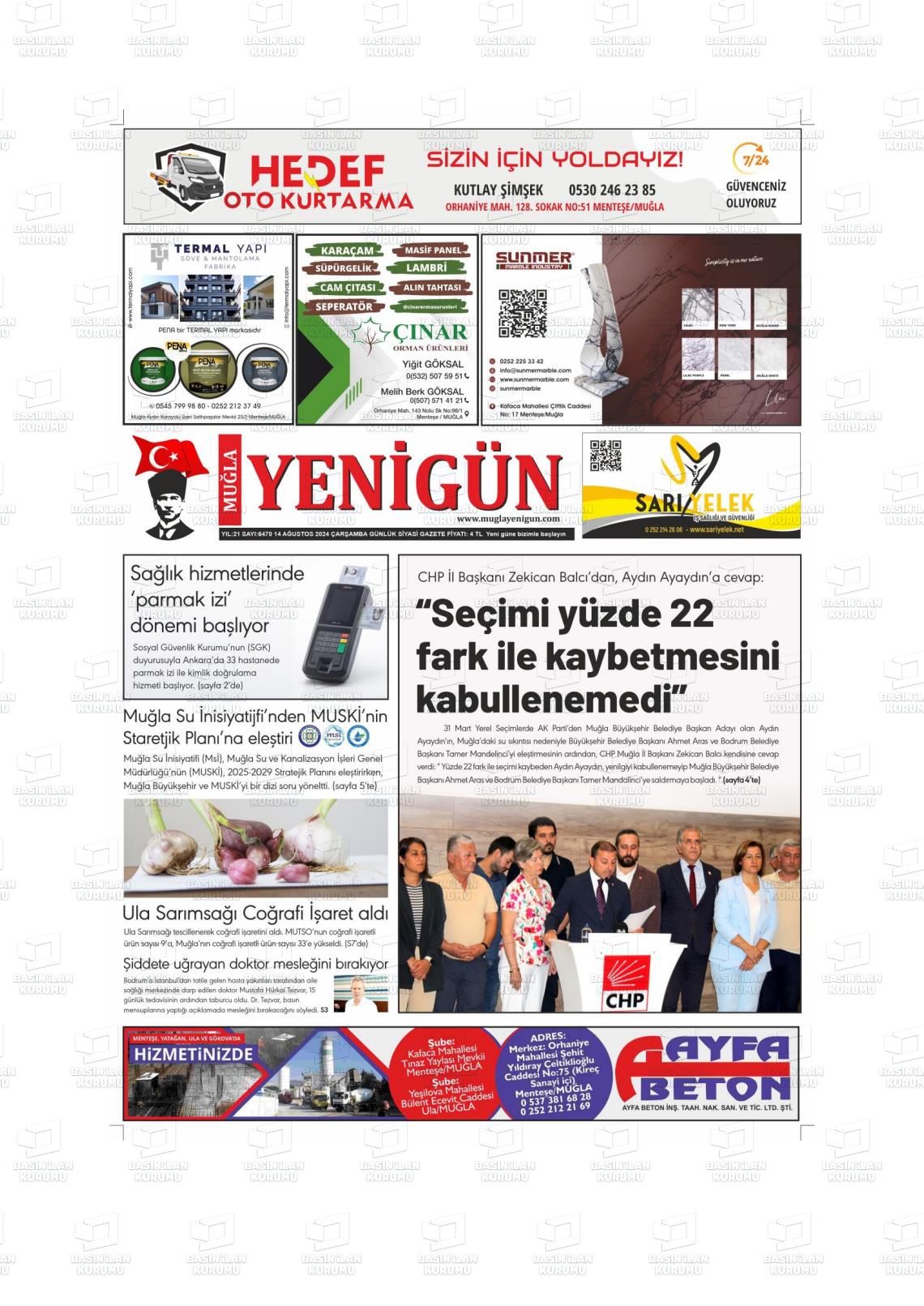 14 Ağustos 2024 Muğla Yenigün Gazete Manşeti