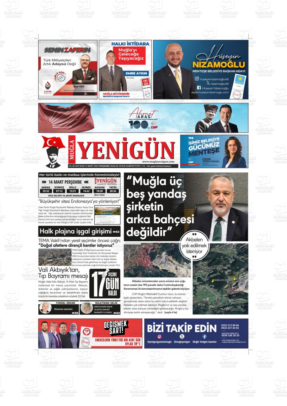 14 Mart 2024 Muğla Yenigün Gazete Manşeti