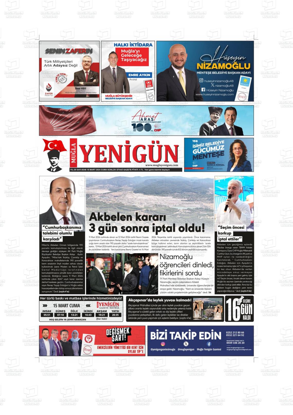 15 Mart 2024 Muğla Yenigün Gazete Manşeti