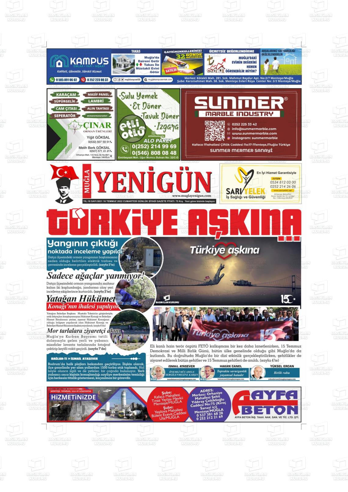 16 Temmuz 2022 Muğla Yenigün Gazete Manşeti