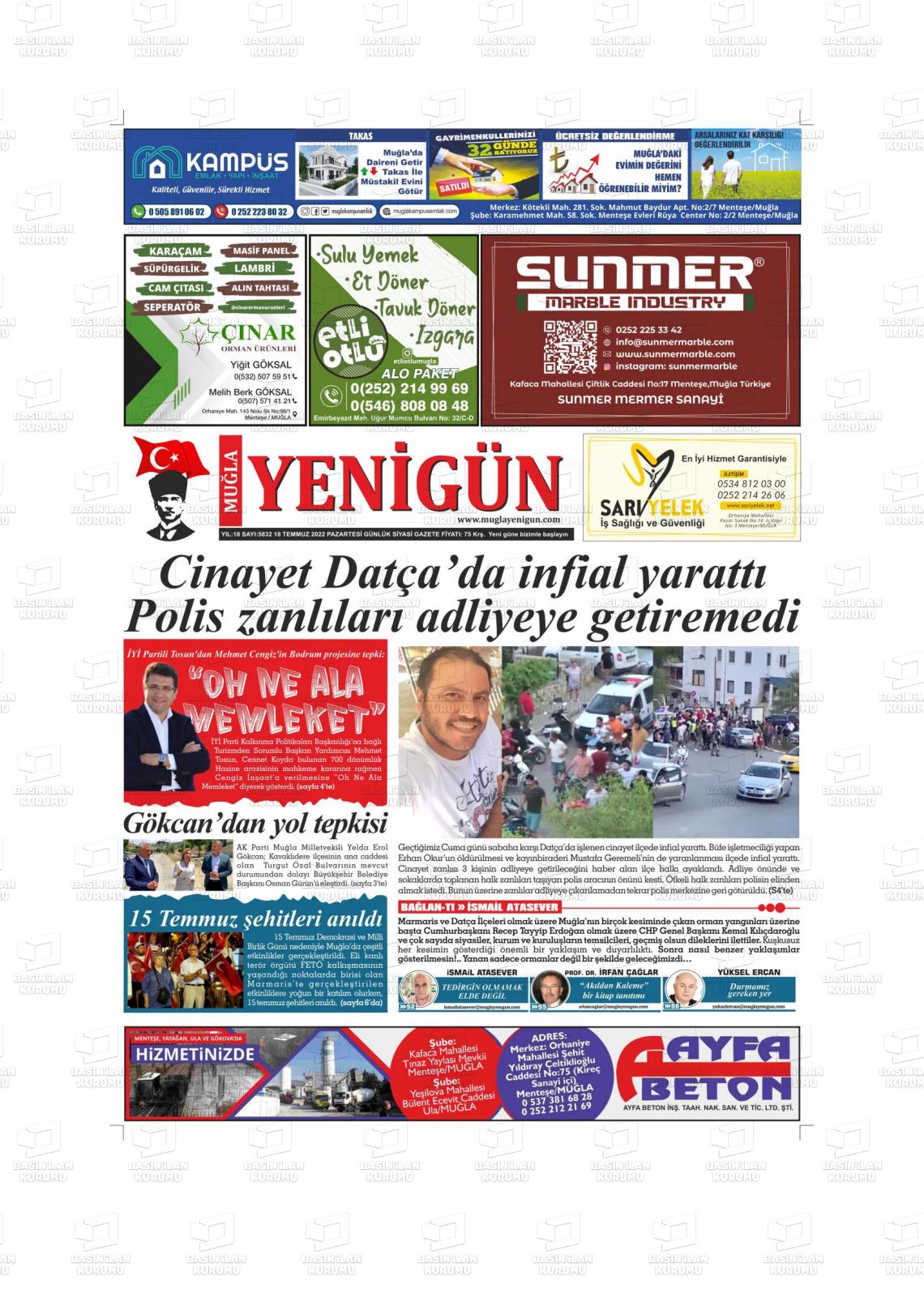 18 Temmuz 2022 Muğla Yenigün Gazete Manşeti