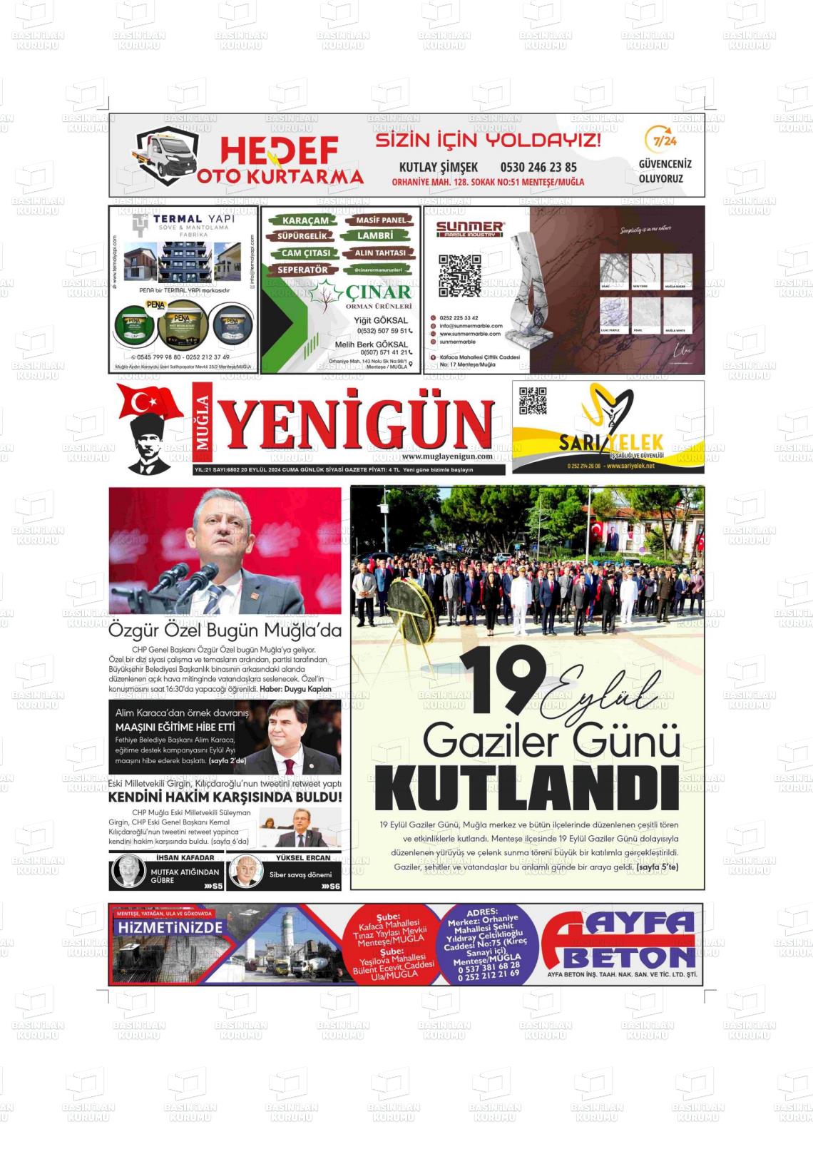 20 Eylül 2024 Muğla Yenigün Gazete Manşeti